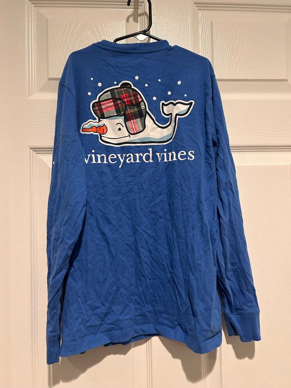 Vineyard Vines Boys Medium Plaid Trapper Hat Snowman Whale Long Sleeve Tee Blue